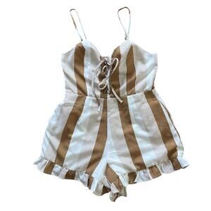 L’atiste Striped Crisscross Tie Front Romper Small Ruffle Hem Sleeveless Zipper